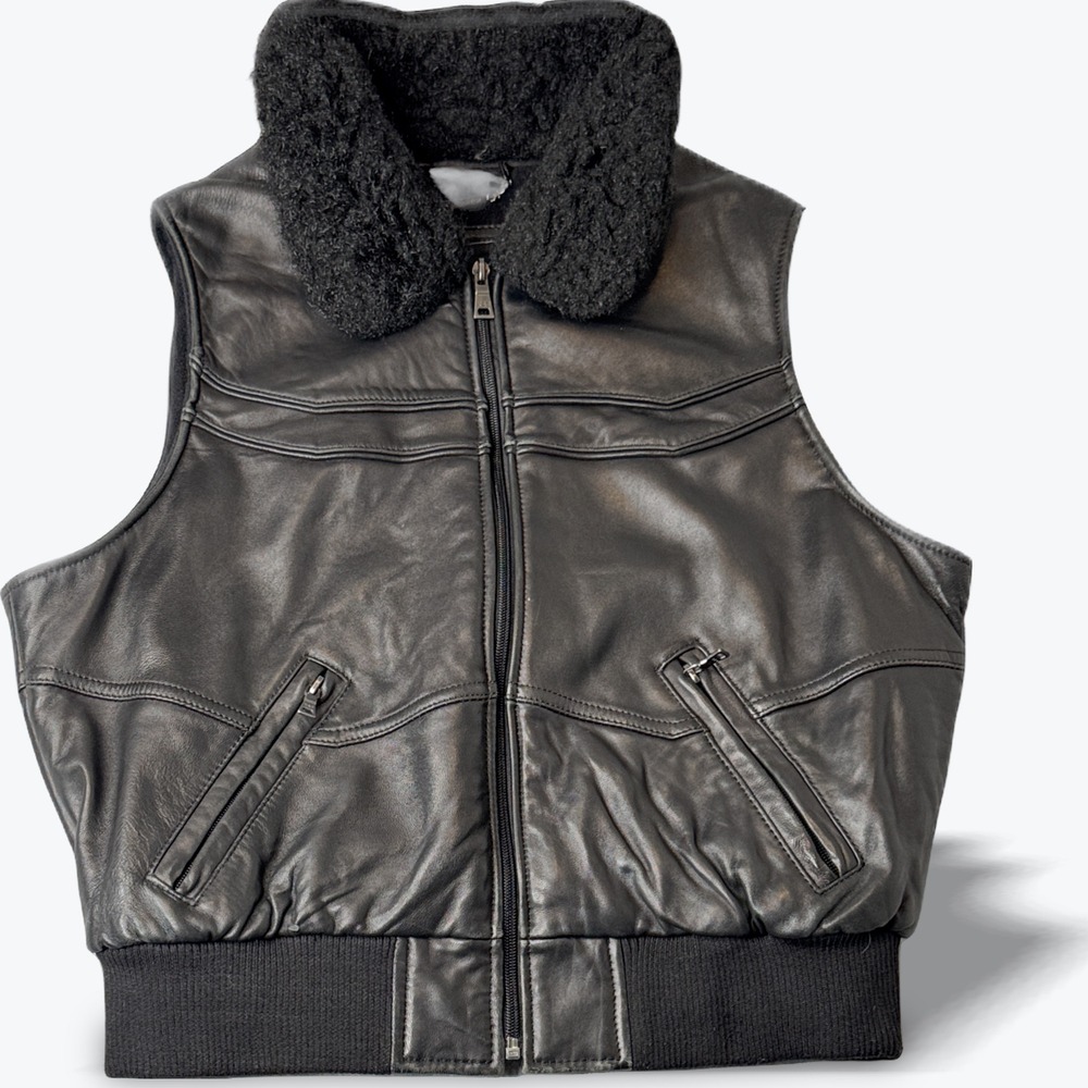 Knoles & Carter Italian Lamb Skin Leather Vest‎ Womens Black Faux Fur Collar XL